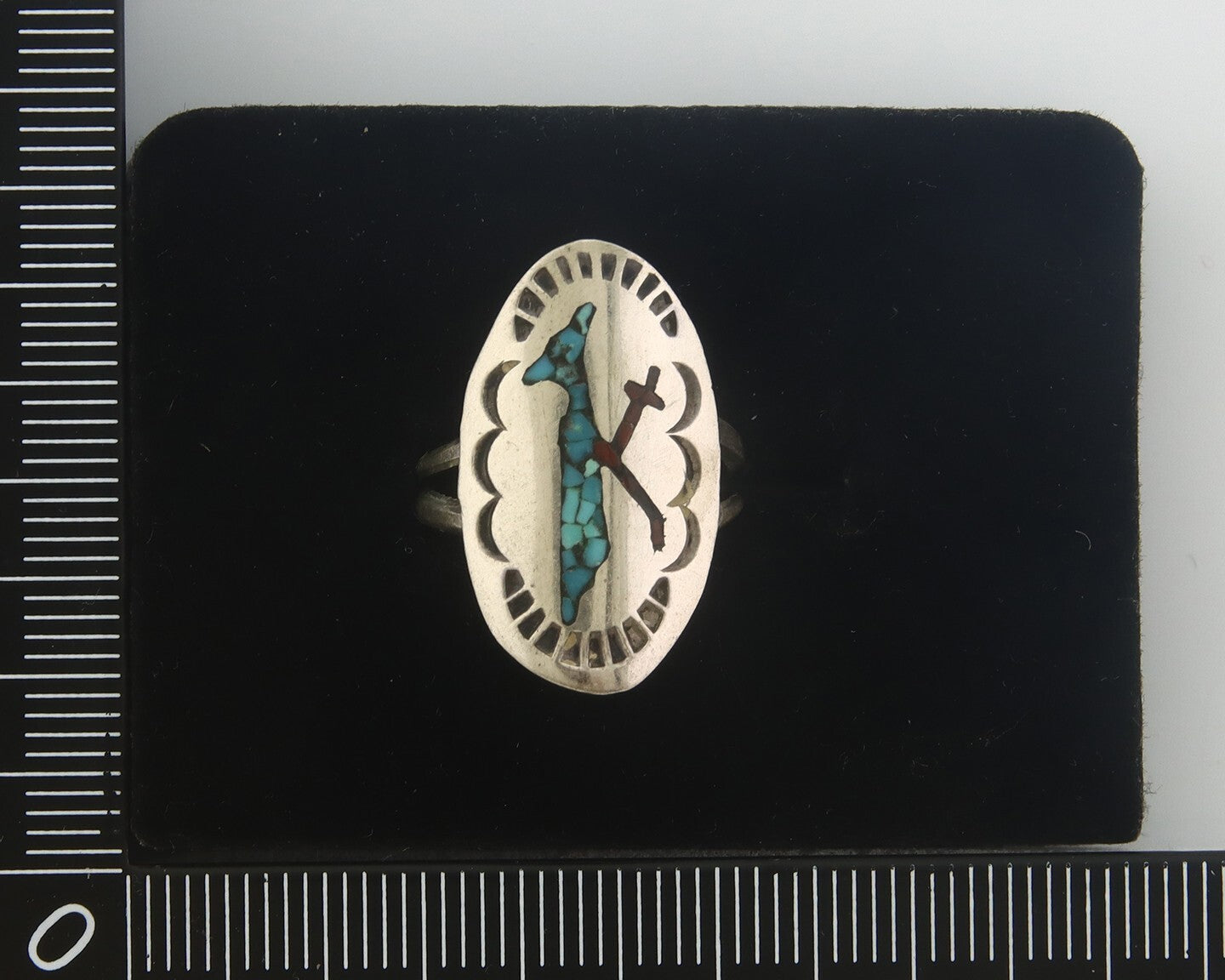 Navajo Ring 925 Sterling Natural Chip Inlay Coral & Turquoise C.80's Size 4.5