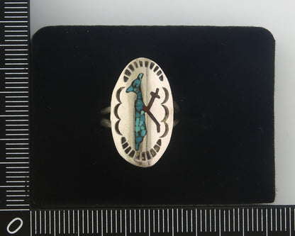 Navajo Ring 925 Sterling Natural Chip Inlay Coral & Turquoise C.80's Size 4.5