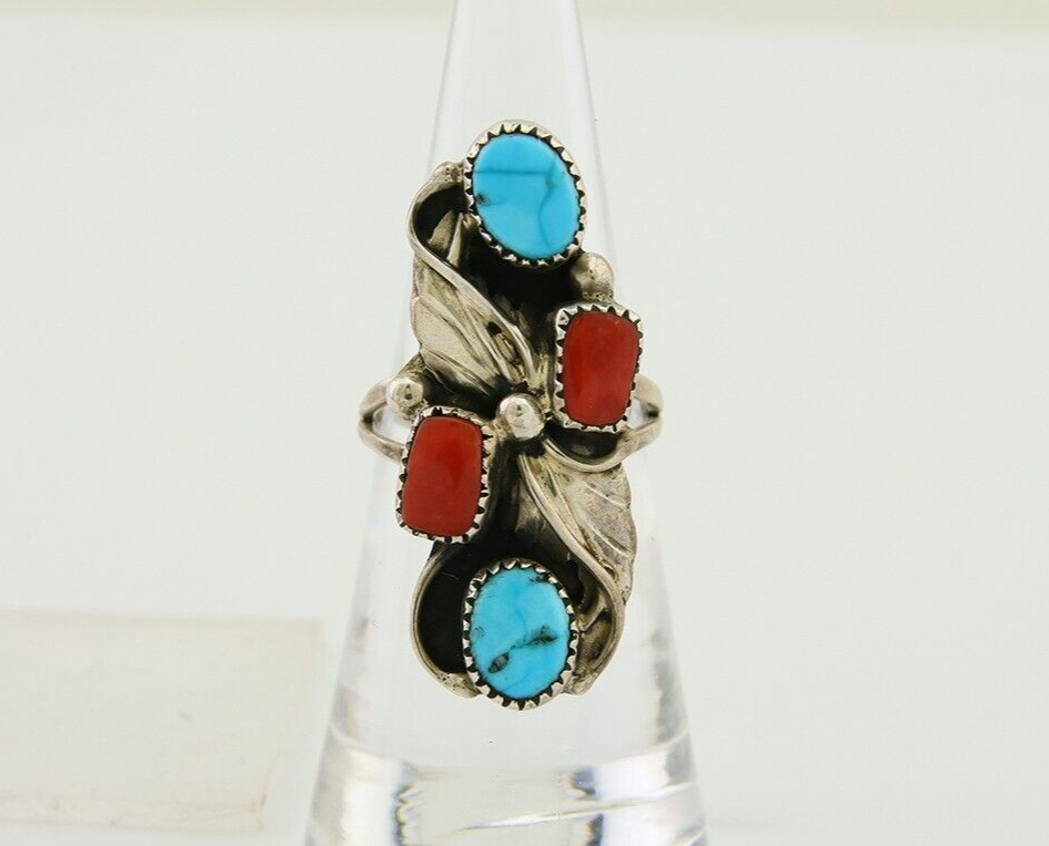 Navajo Handmade Ring 925 Silver Coral & Turquoise Native Artist C.80's