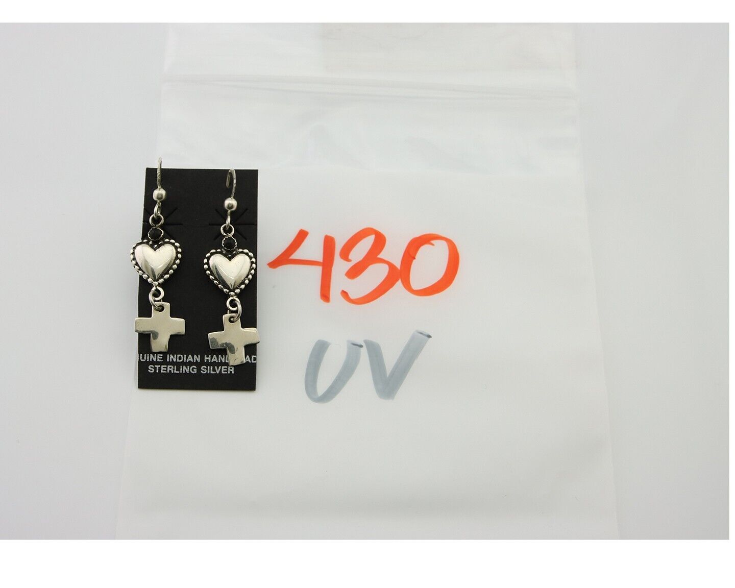 Navajo Earrings 925 Silver Heart Cross Natural Onyx Native American Artist C.80s