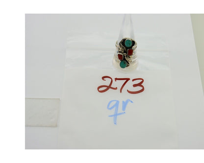 Navajo Handmade Ring 925 Silver Coral & Turquoise Native Artist C.80's