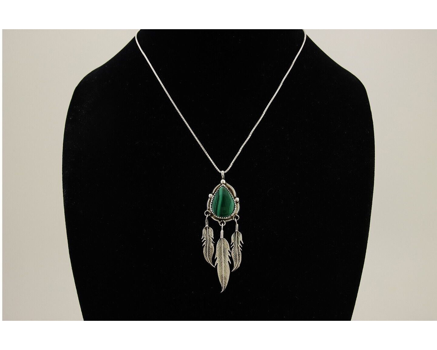 Large Navajo Pendant 925 Silver Natural Malachite Native American Artist C.80's