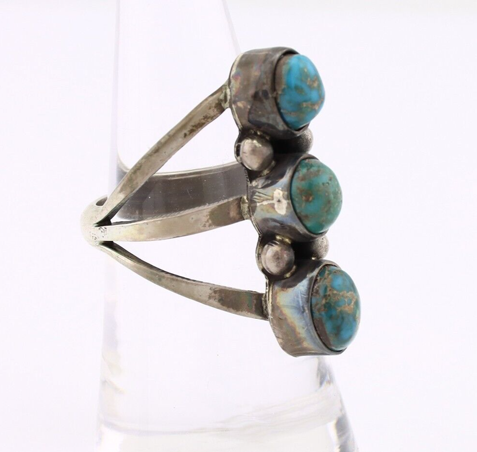 Navajo 3 Stone Ring 925 Silver Natural Turquoise Native American Artist C.80's