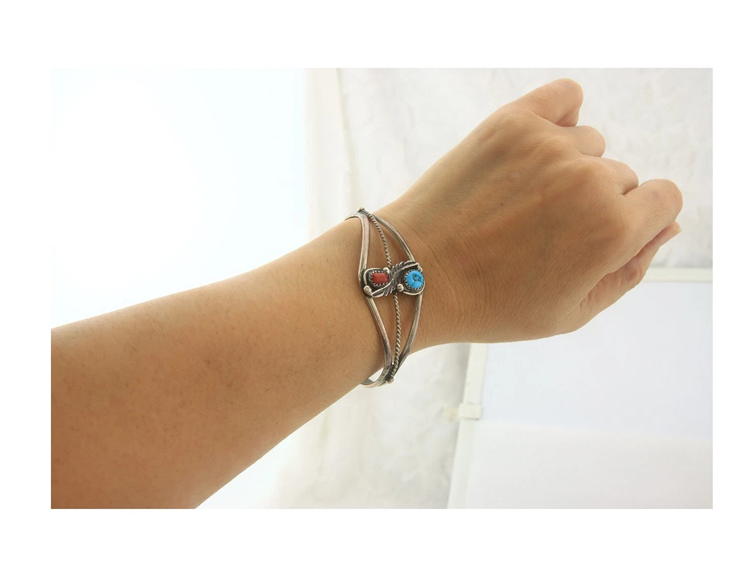 Navajo Cuff Bracelet Sterling Silver Natural Gemstone Vintage Native Signed VJ