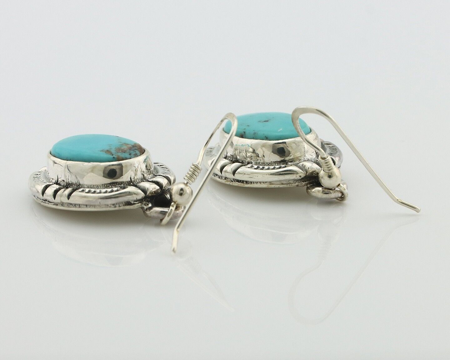 Navajo Handmade Earrings 925 Silver Natural Arizona Turquoise Signed Gecko C.80s