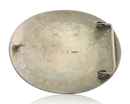 Navajo Belt Buckle .999 Nickel Buffalo Gemstone Signed Jimmie Nezzie 3x3.5in C80
