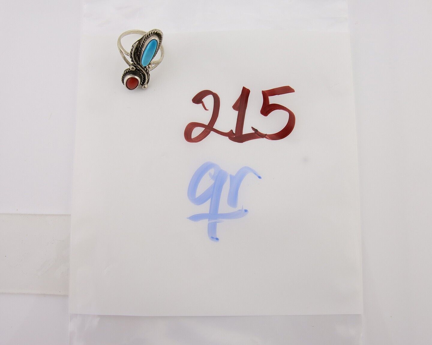Navajo Handmade Ring 925 Silver Coral & Turquoise Native Artist C.80's