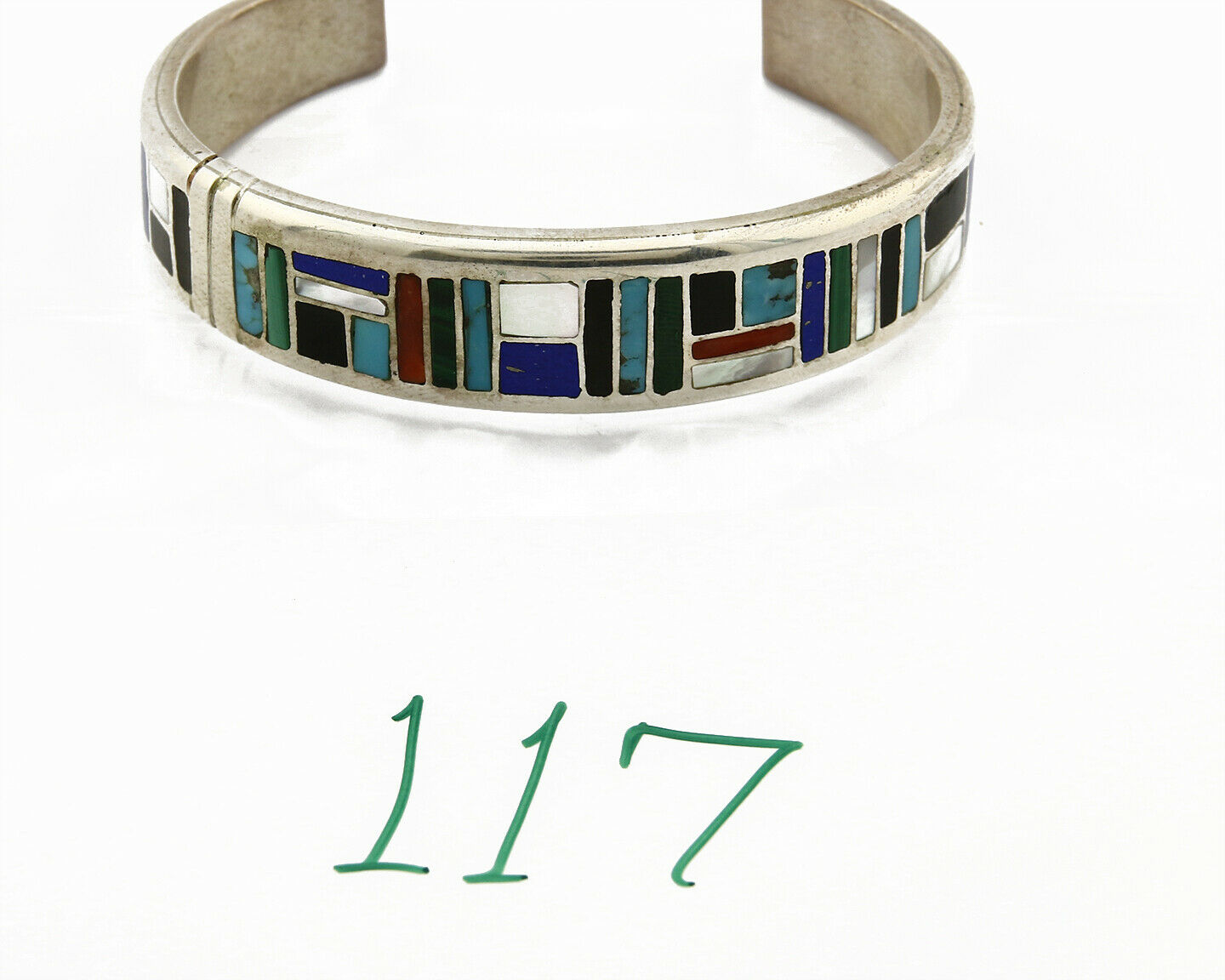 Early Artist David Freeland Inlaid Natural Gemstone .925 SOLID Silver Cuff