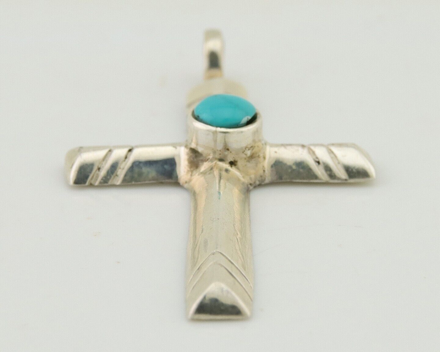 Navajo Sand Cast Cross Pendant 925 Silver Turquoise Artist Signed J Yazzie C.80s