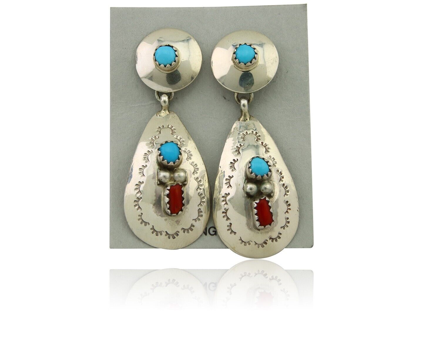 Navajo Earrings 925 Silver Turquoise & Coral Artist Signed Leeann Lee C.80's