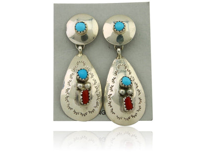 Navajo Earrings 925 Silver Turquoise & Coral Artist Signed Leeann Lee C.80's