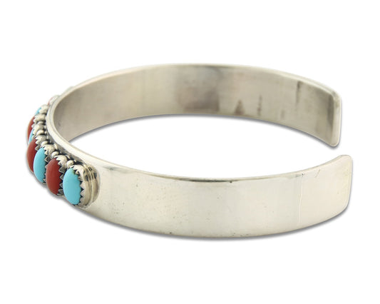 Vintage Navajo Bracelet 925 Silver Red Coral Turquoise Signed J Begay