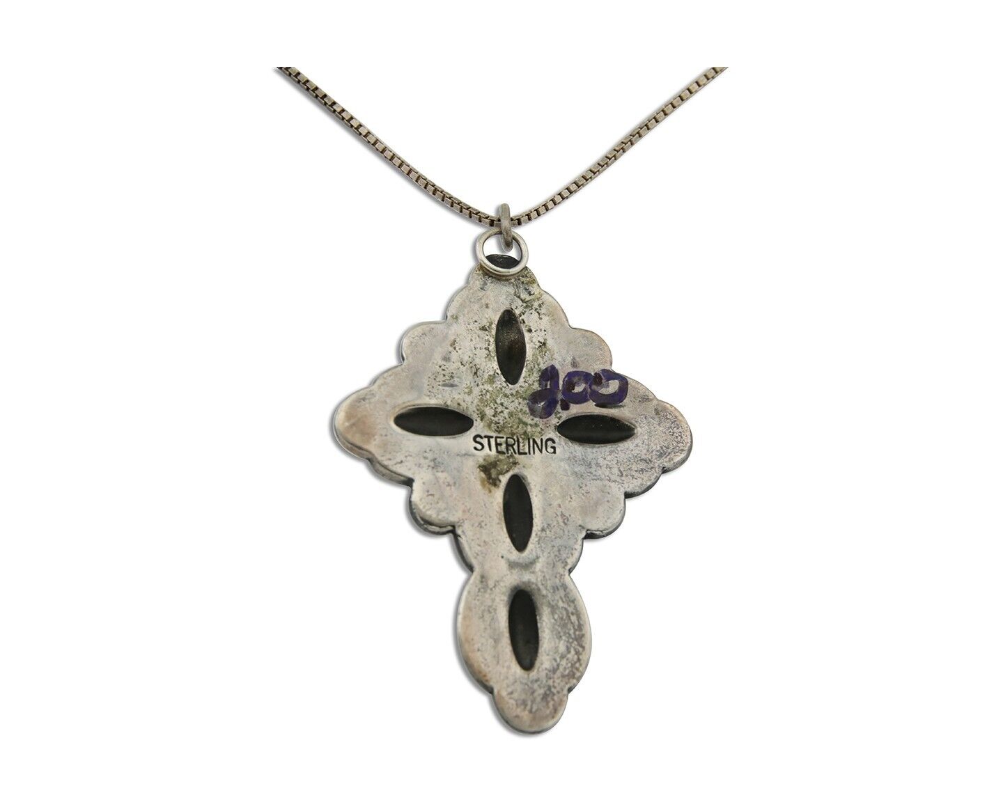 Navajo Cross Hand Stamped Necklace 925 Silver Turquoise Artist JRS C.80's