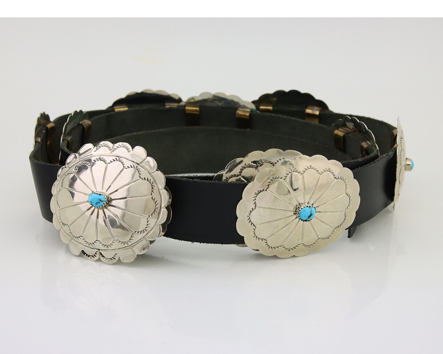 Navajo Handmade Concho Belt Turquoise 925 Silver Signed RS Arrow C.80's