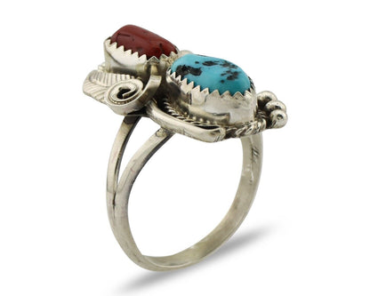 Navajo Ring .925 Silver Turquoise & Coral Artist Signed Justin Morris C.80's