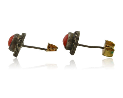 Navajo Earrings 925 Silver Natural Red Coral Native American Artist C.80's