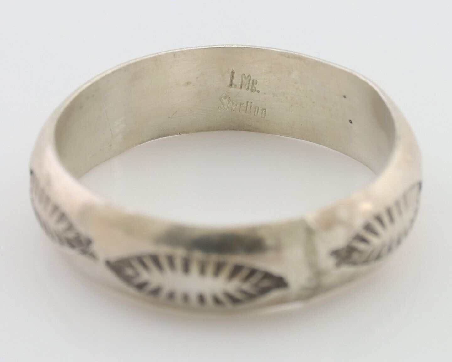 Navajo Hand Stamped Band 925 Silver 6.0 mm Signed Larry Chavez Size 10.5 C.80's