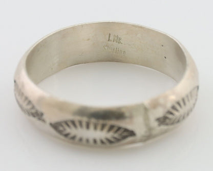 Navajo Hand Stamped Band 925 Silver 6.0 mm Signed Larry Chavez Size 10.5 C.80's