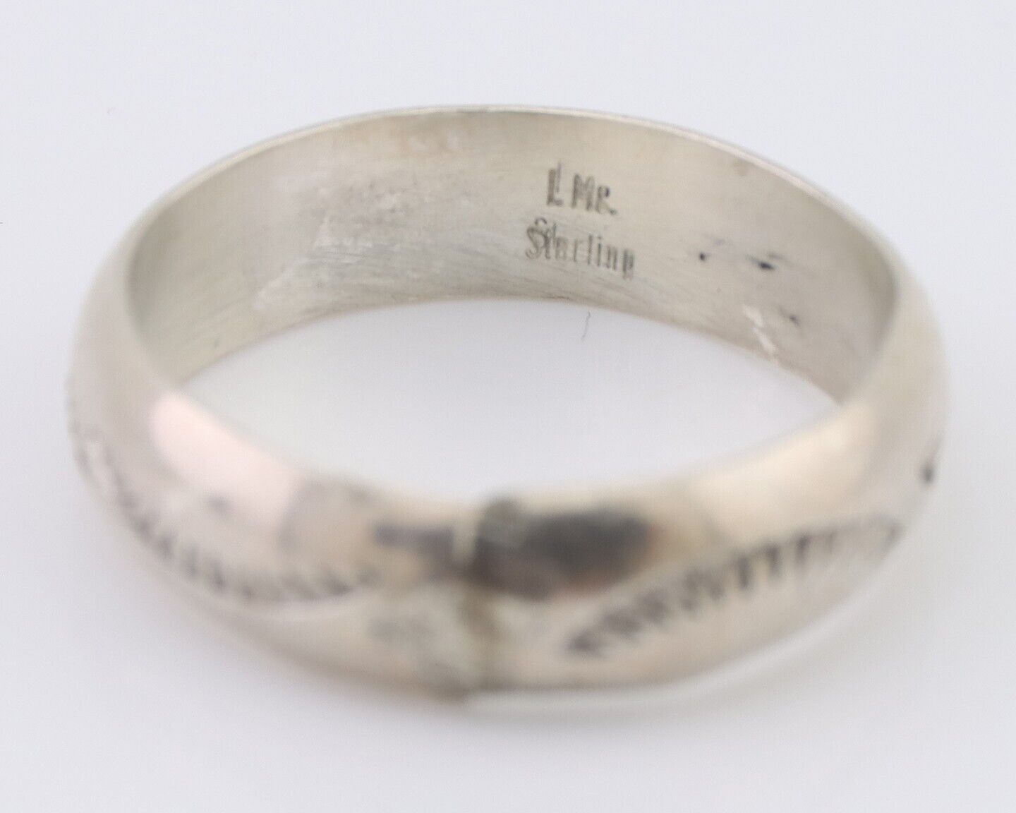 Navajo Hand Stamped Band 925 Silver 6.0 mm Signed Larry Chavez Size 10 C.80's