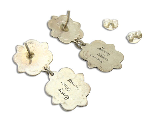 Navajo Earrings 925 Silver Turquoise & Coral Artist Signed Mary Ellen C.80's