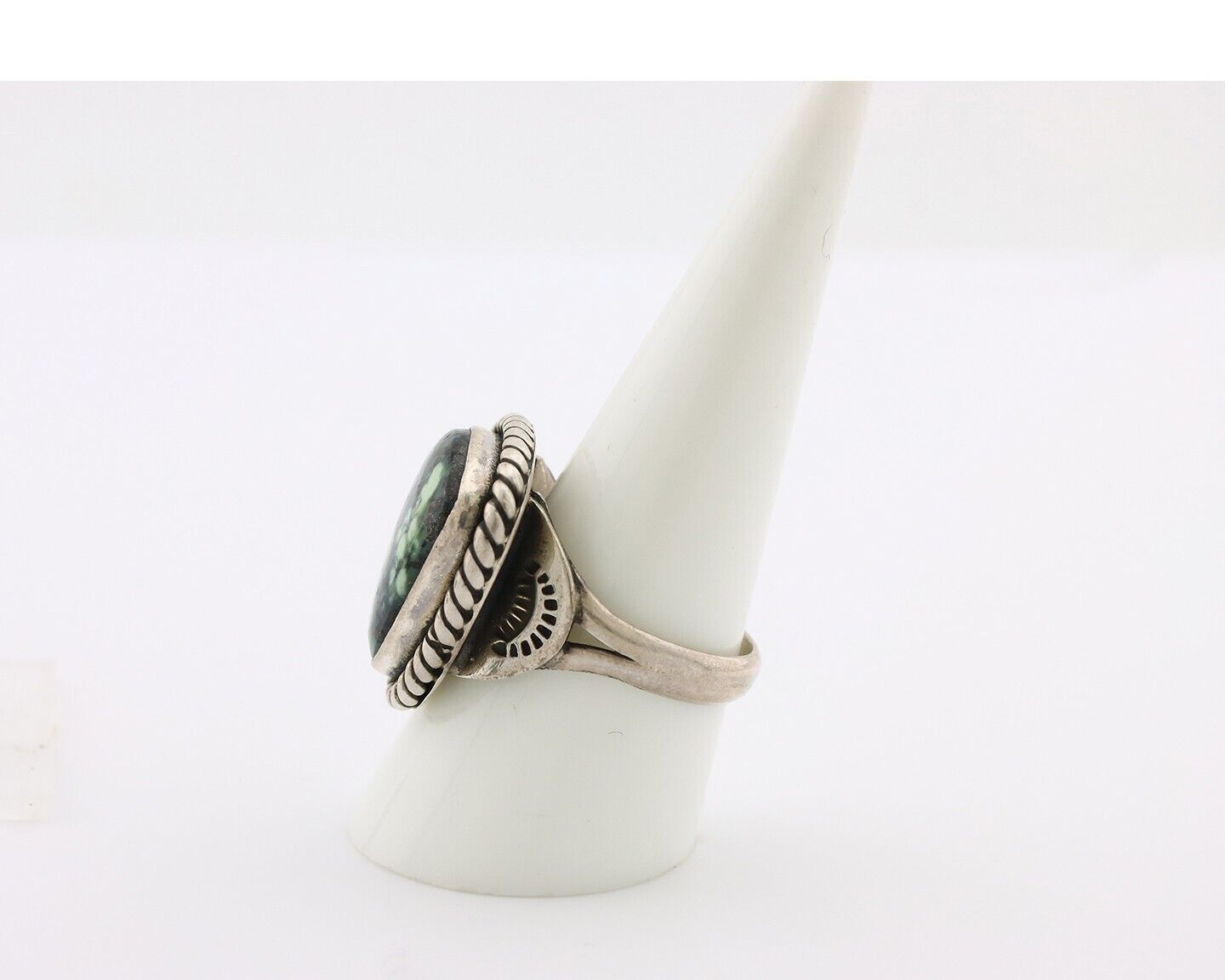 Navajo Ring 925 Silver Green Spiderweb Turquoise Artist Signed Rising Sun C.80's