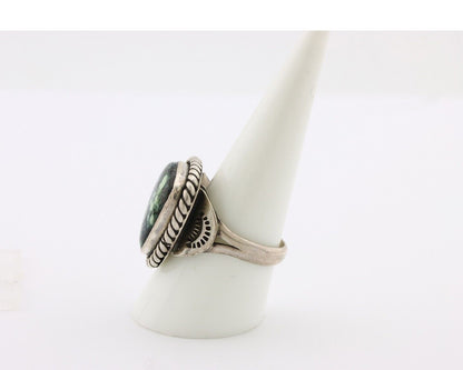 Navajo Ring 925 Silver Green Spiderweb Turquoise Artist Signed Rising Sun C.80's