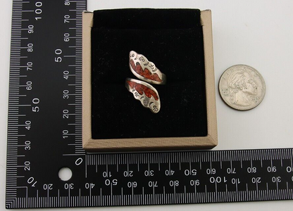 Navajo Ring 925 Silver Chip Inlay Coral Native Artist C.80's