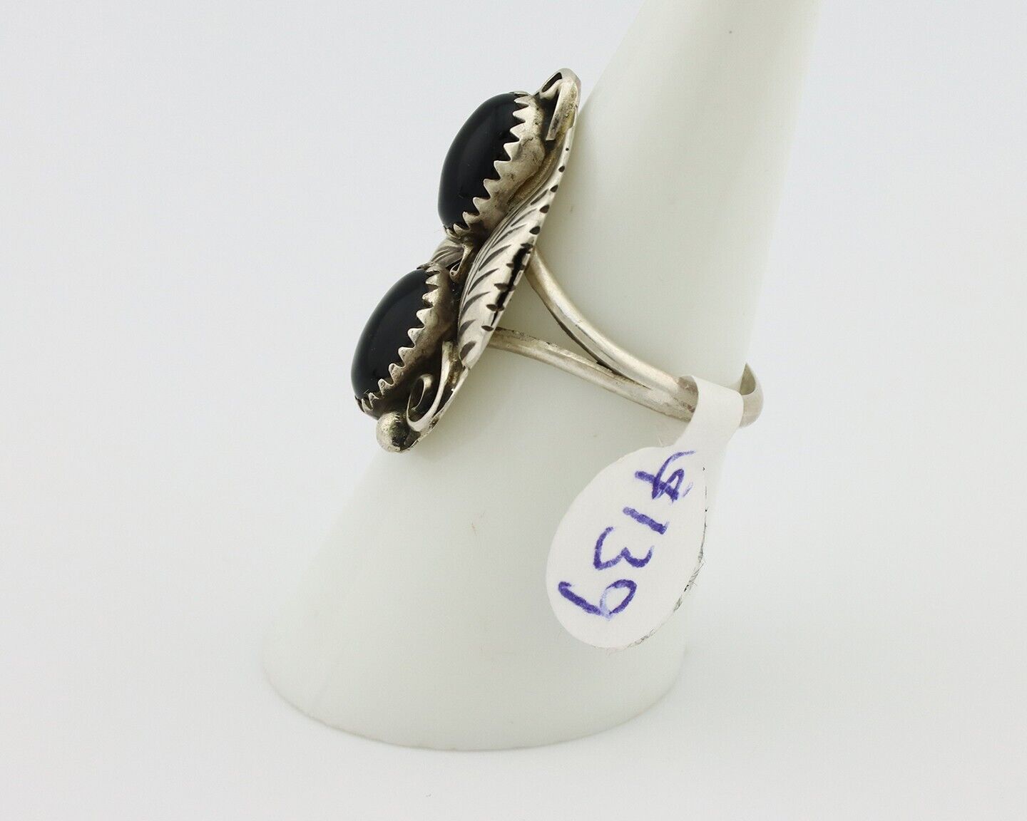 Navajo Ring 925 Silver Onyx Hand Stamped Artist Signed Tom Willeto C.80's