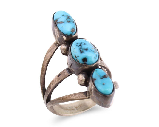 Navajo 3 Stone Ring 925 Silver Blue Turquoise Native American Artist C.80's