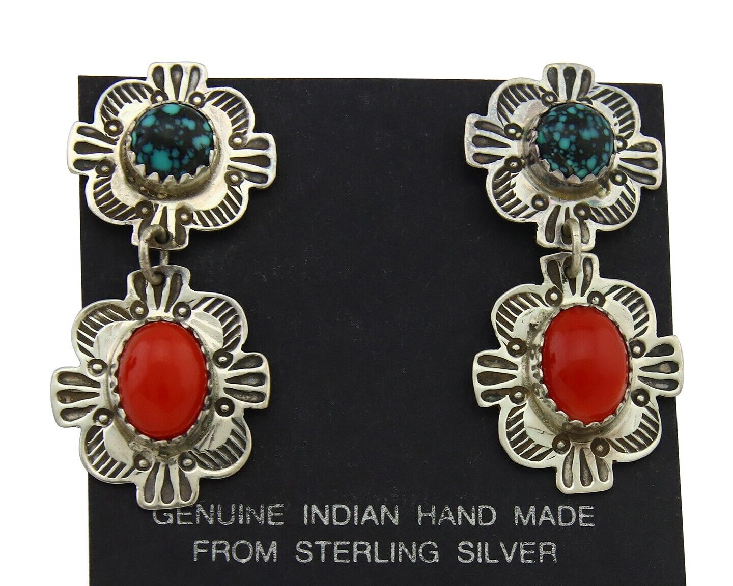 Navajo Earrings 925 Silver Turquoise & Coral Artist Signed Mary Ellen C.80's