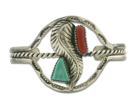 Vintage Navajo Bracelet 925 Silver Red Coral Turquoise Authentic