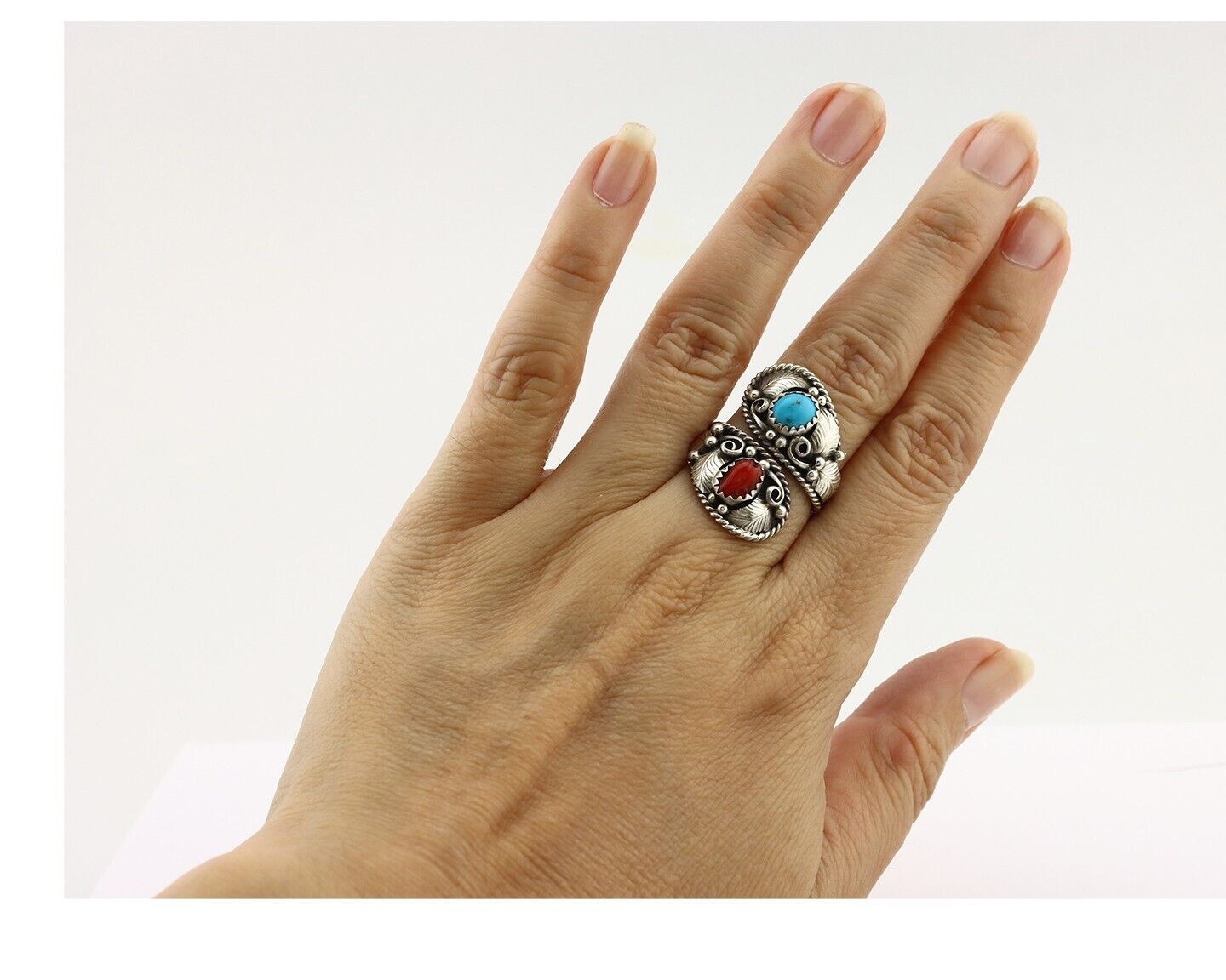 Navajo Adjustable Ring 925 Silver Turquoise & Coral Artist Signed Gecko C.80's
