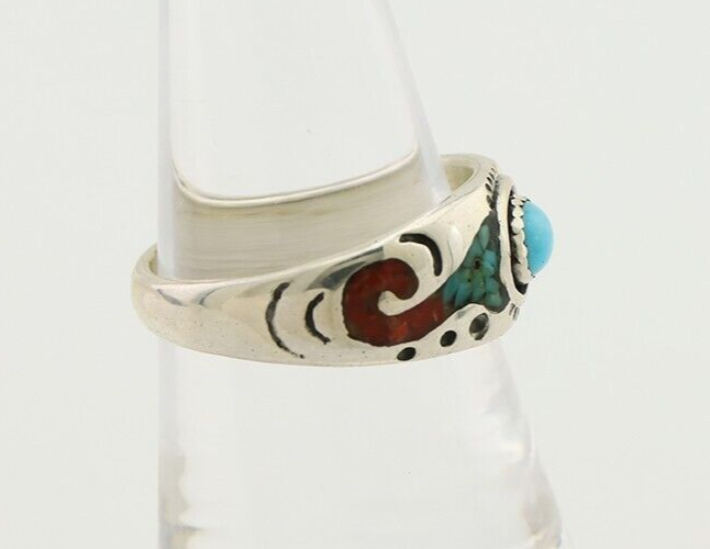 Navajo Ring 925 Silver Turquoise & Coral Natural American Artist C.80's