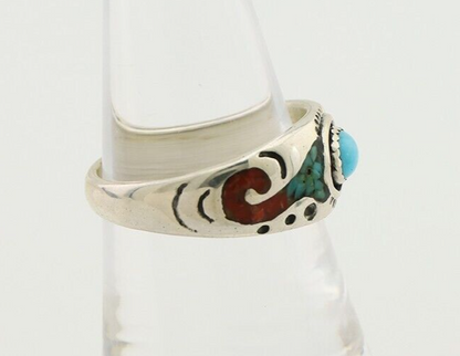 Navajo Ring 925 Silver Turquoise & Coral Natural American Artist C.80's