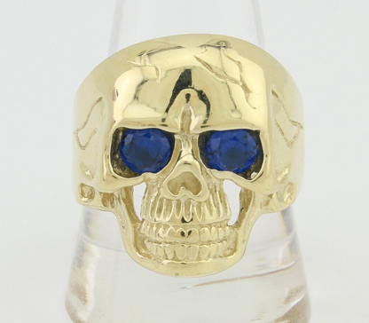 Men 14k SOLID Gold Skull Ring Silica Blue Sapphire Eyes Size 11