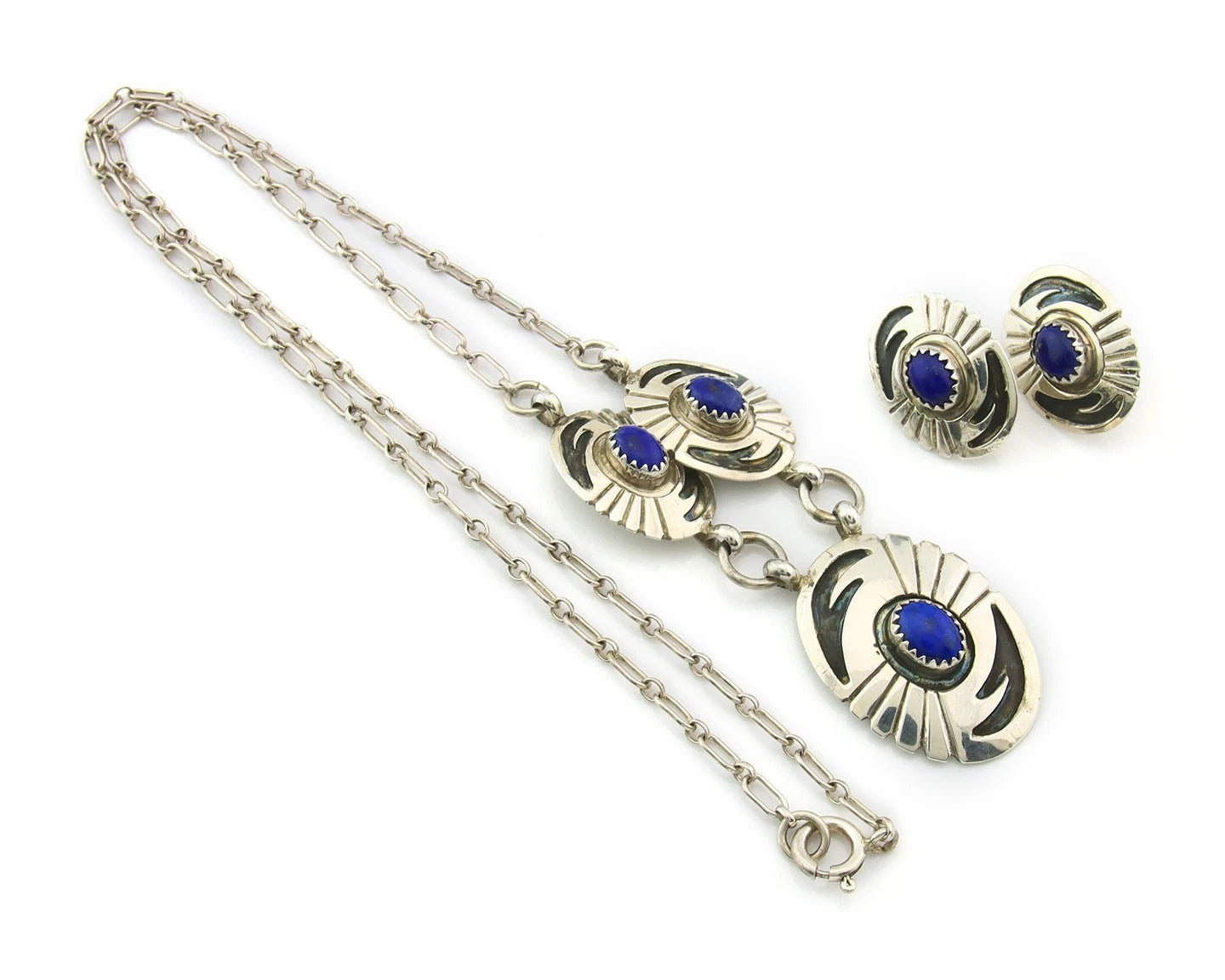 Navajo Necklace Earring Set Sterling Silver Natural Lapis Artist Signed LY