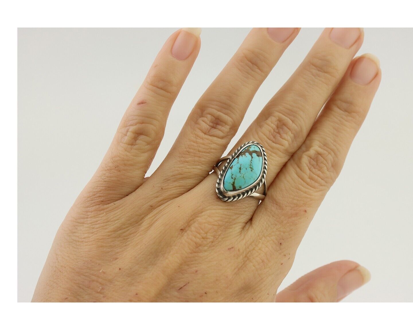 Navajo Ring 925 Silver Blue Gem Turquoise Artist Signed Rabbit Stick C.80's