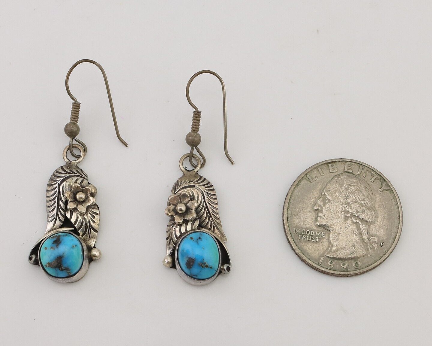 Navajo Handmade Earrings 925 Silver Natural Turquoise Native Artist C.80's