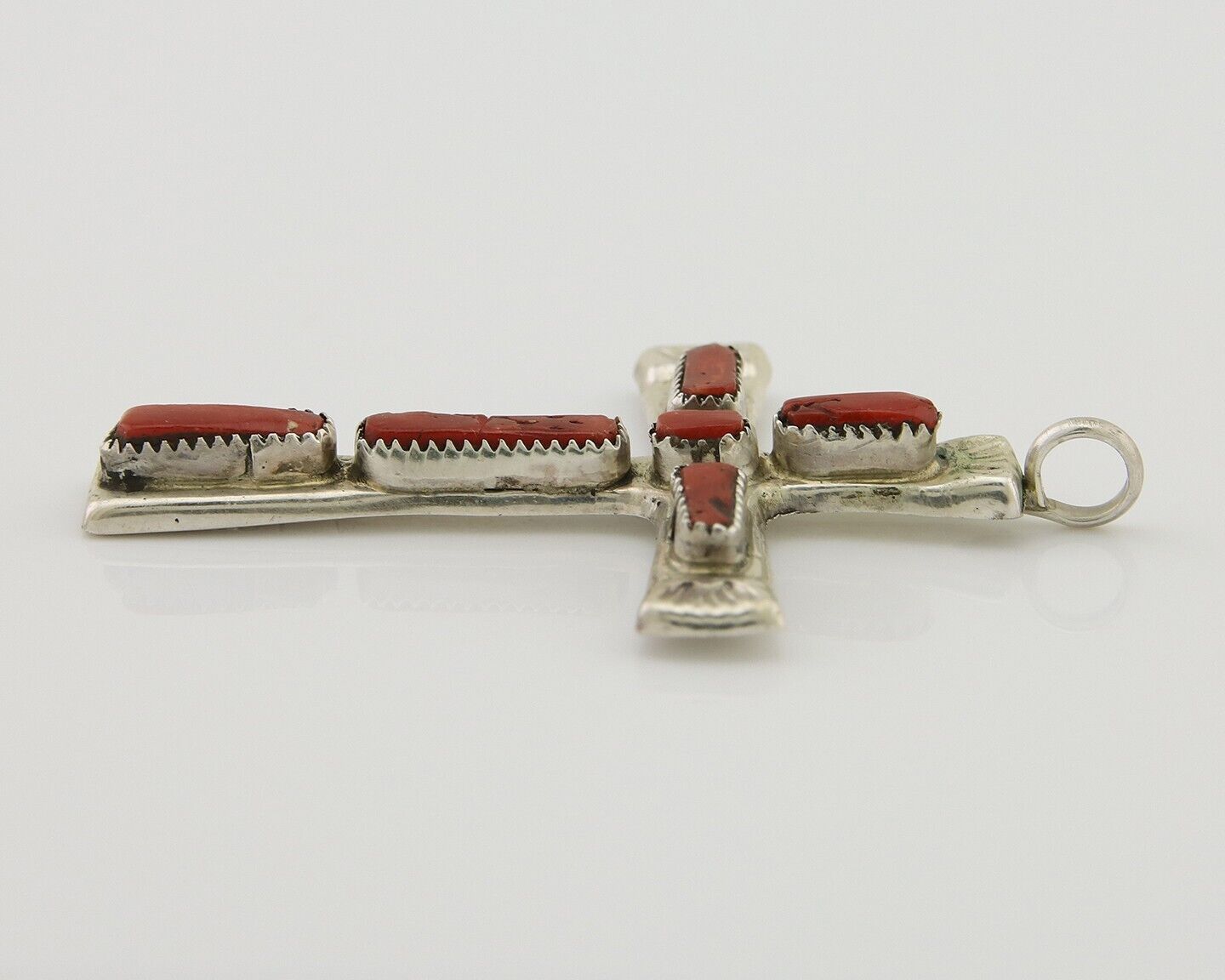 Zuni Cross Pendant 925 Silver Mediterranean Coral Signed J Iule C.80s
