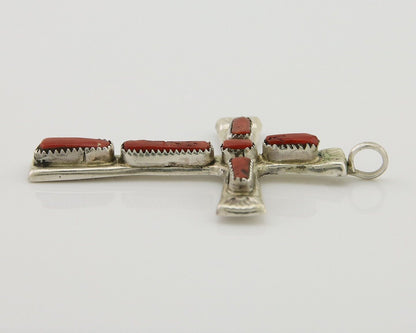 Zuni Cross Pendant 925 Silver Mediterranean Coral Signed J Iule C.80s