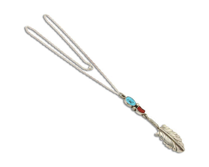 Navajo Feather Necklace 925 Silver Turquoise & Coral Signed M Montoya C.80's