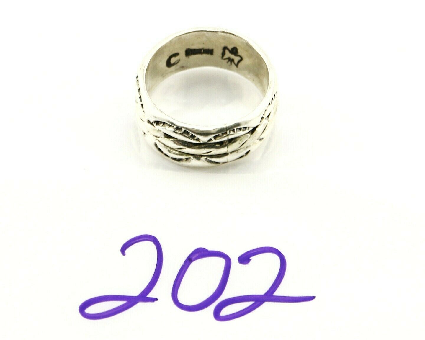 Navajo Ring .925 Silver Handmade Hand Stamped 3 Row Rope Band C.1980's 8.25