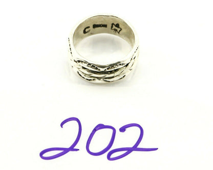Navajo Ring .925 Silver Handmade Hand Stamped 3 Row Rope Band C.1980's 8.25