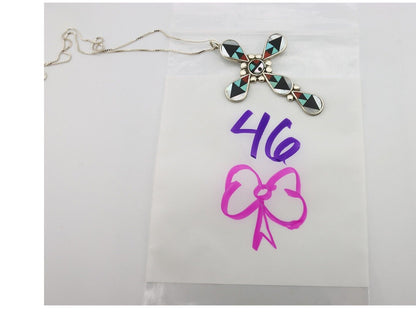 Zuni Cross Pendant 925 Silver Natural Gemstone Zeno & Maryann Edaaki C.80's