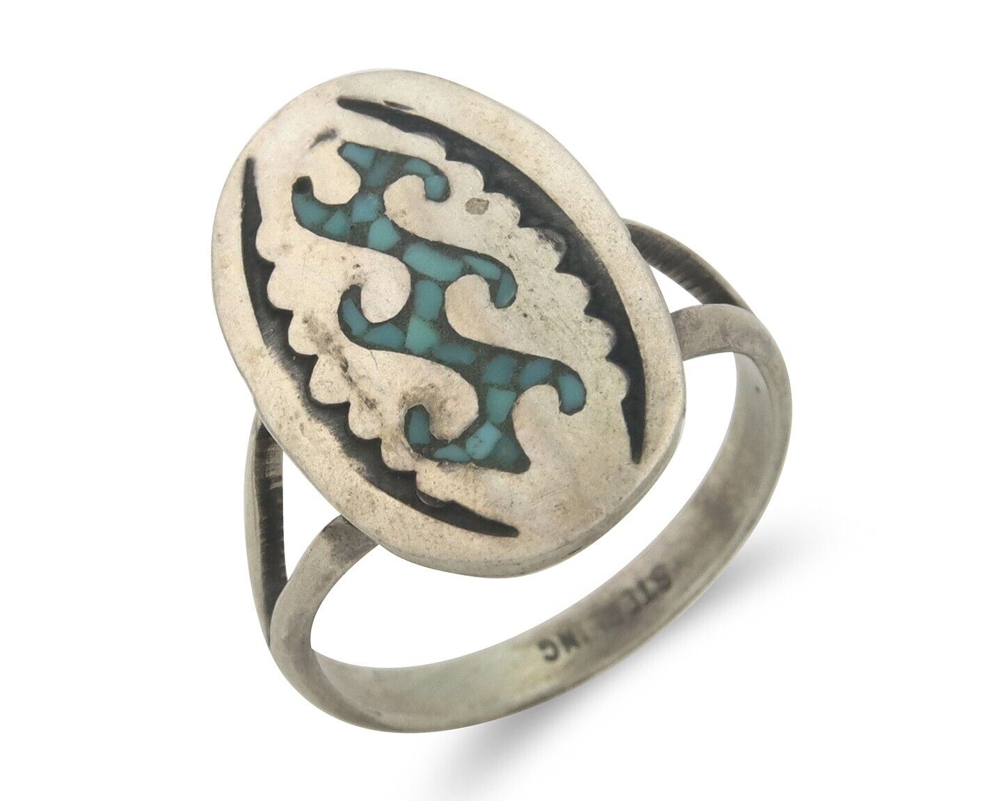 Navajo Ring 925 Sterling Natural Chip Inlay Turquoise C.80's Size 7.0