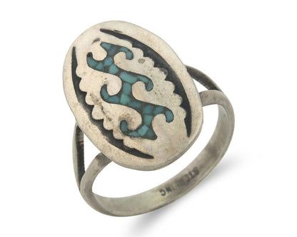 Navajo Ring 925 Sterling Natural Chip Inlay Turquoise C.80's Size 7.0