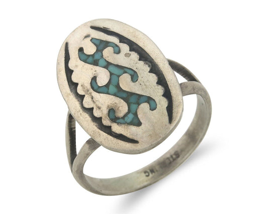 Navajo Ring 925 Sterling Natural Chip Inlay Turquoise C.80's Size 7.0