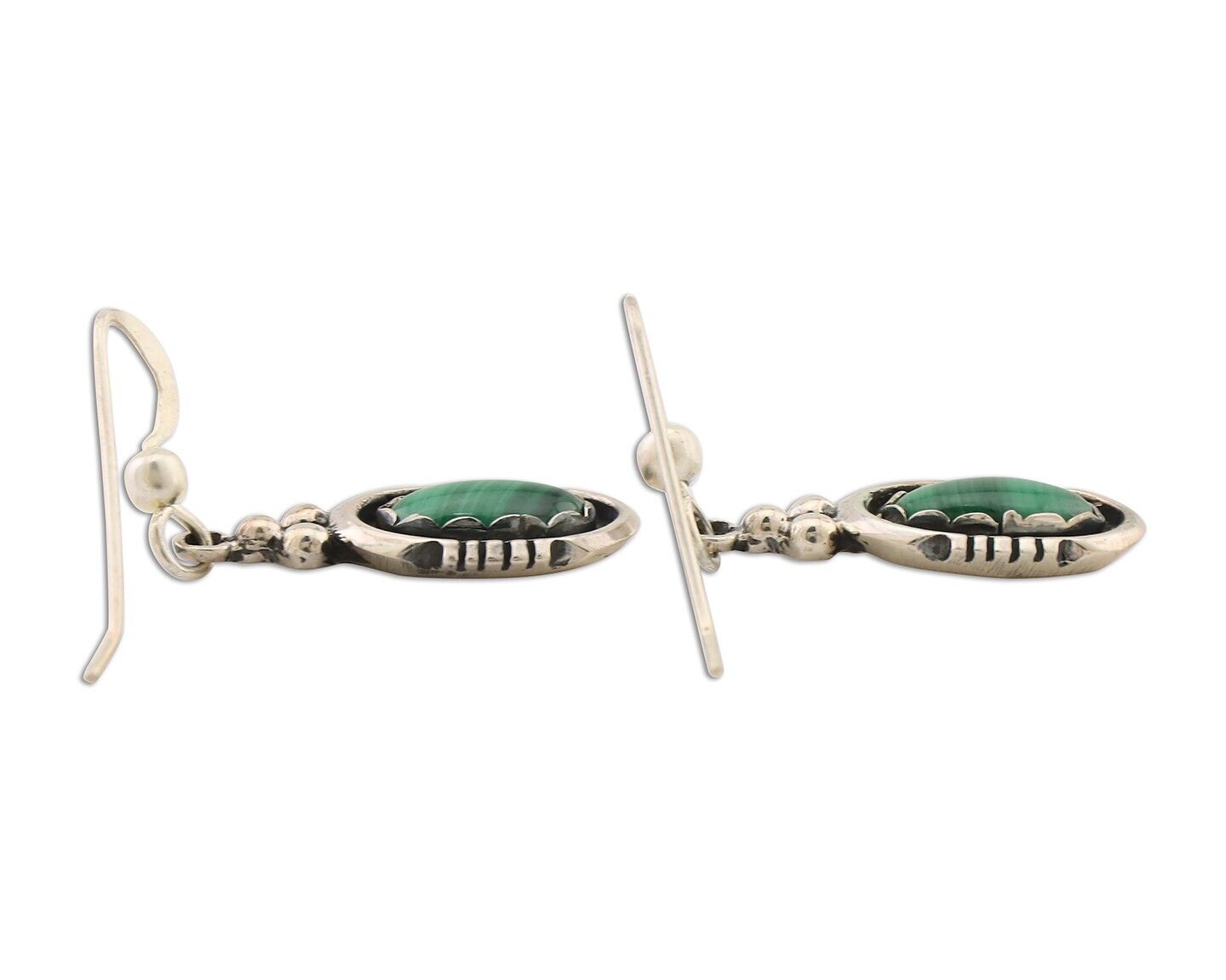 Navajo Dangle Earrings 925 Silver Natural Malachite Native American Artist C.80s