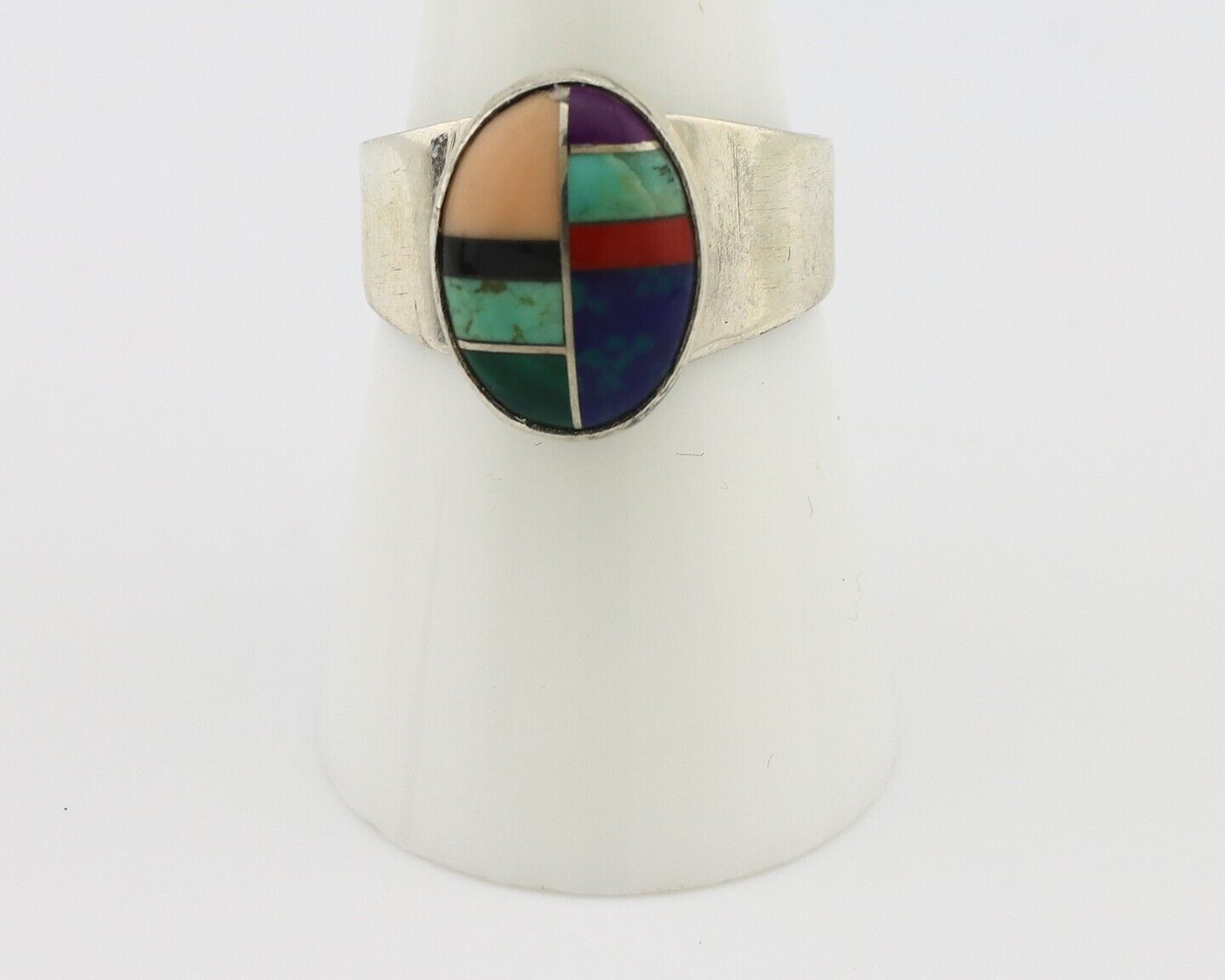 Zuni Inlaid Ring 925 Silver Mixed Natural Gemstones Native American Artist C.80s