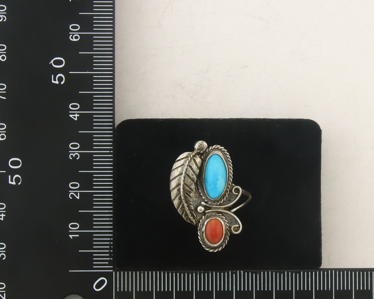Navajo Ring 925 Sterling Natural Coral & Turquoise Signed EH C.80's Size 7.5